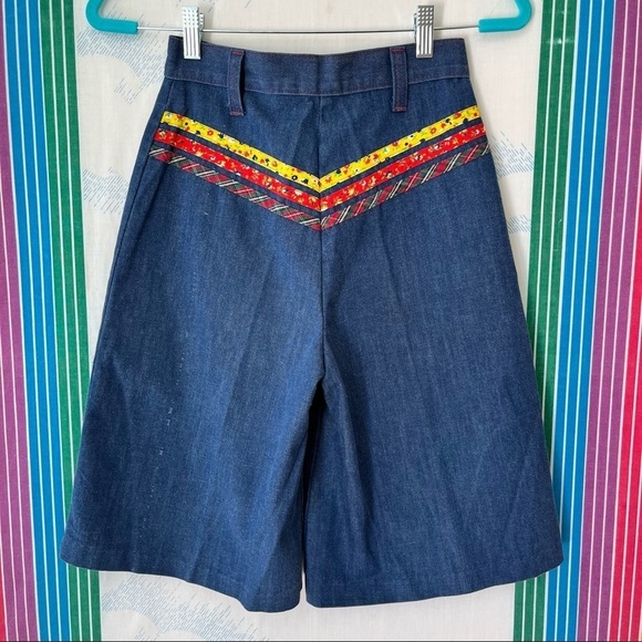 VINTAGE 70s high waist wide leg denim culottes shorts cottage core boho 25 waist - Picture 6 of 11